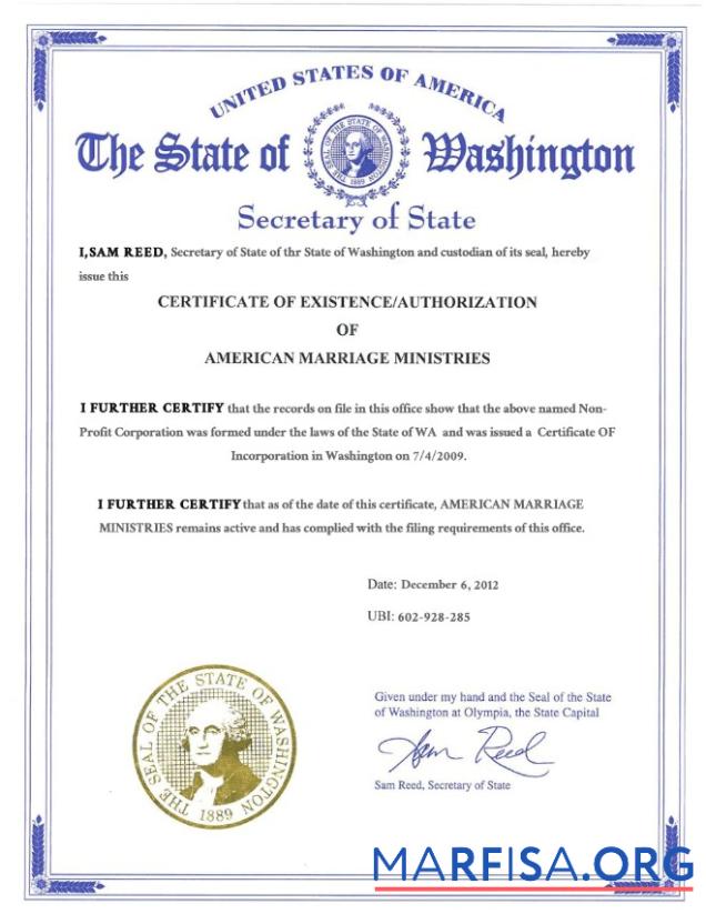 Printable USA Washington state marriage certificate template in PSD format